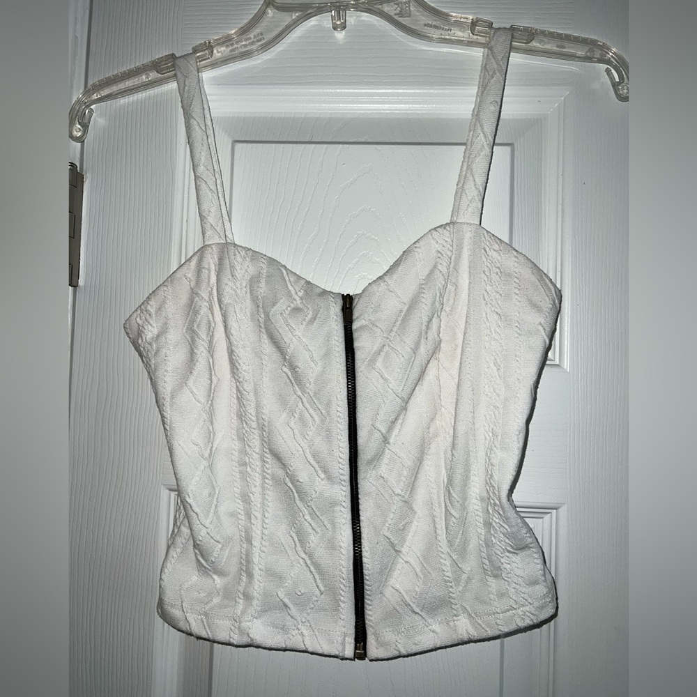 Charlotte Russe Zip Front White Textured Crop Top, Size S